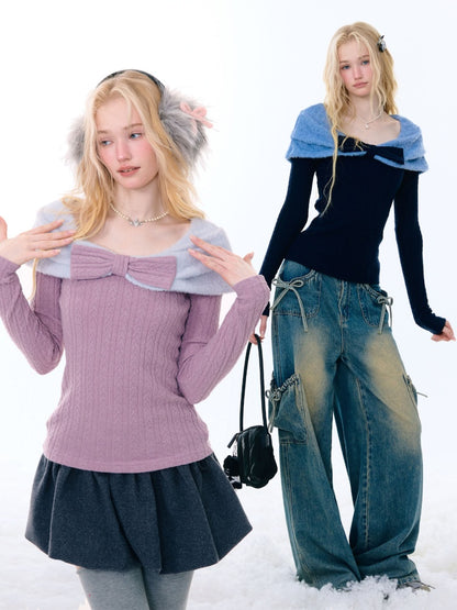 Twist Texture Bow Long Sleeve T-Shirt Slim Top Knitted Sweater【s0000015271】
