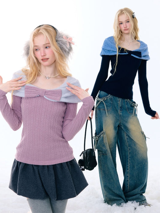 Twist Texture Bow Long Sleeve T-Shirt Slim Top Knitted Sweater【s0000015271】