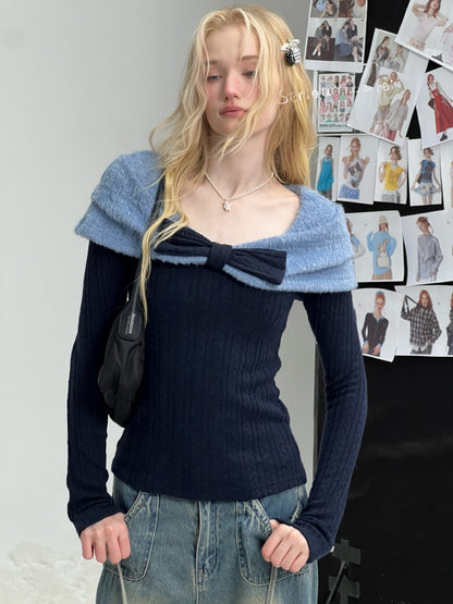 Twist Texture Bow Long Sleeve T-Shirt Slim Top Knitted Sweater【s0000015271】
