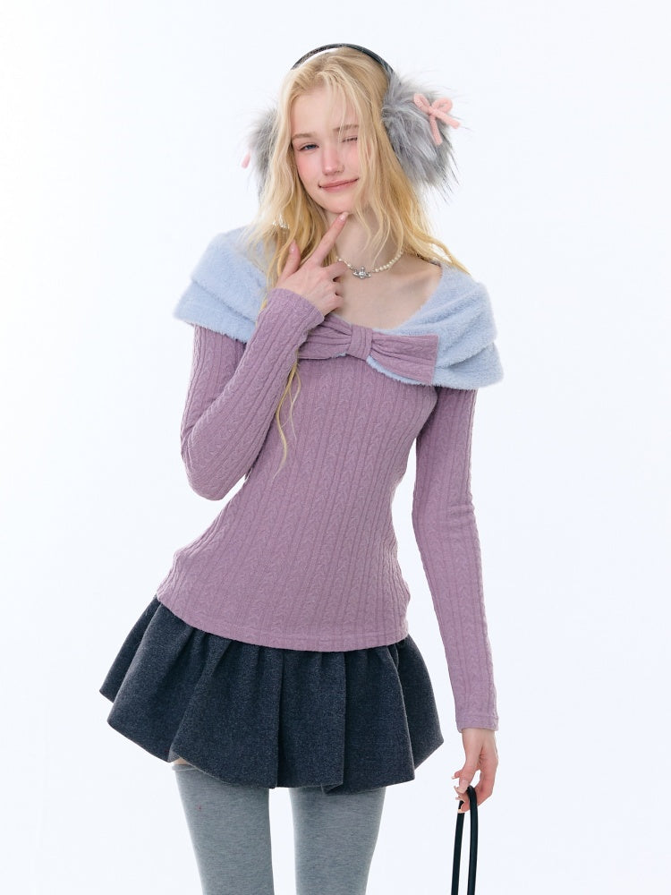 Twist Texture Bow Long Sleeve T-Shirt Slim Top Knitted Sweater【s0000015271】