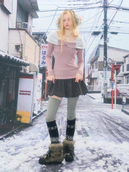 Twist Texture Bow Long Sleeve T-Shirt Slim Top Knitted Sweater【s0000015271】