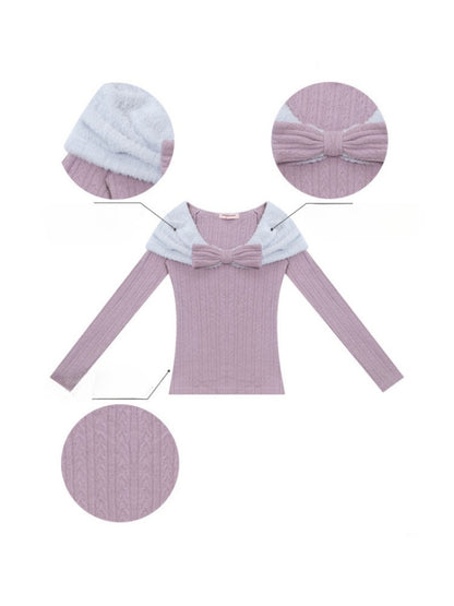 Twist Texture Bow Long Sleeve T-Shirt Slim Top Knitted Sweater【s0000015271】