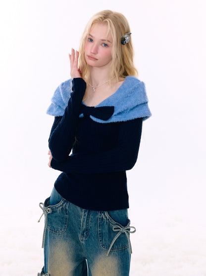 Twist Texture Bow Long Sleeve T-Shirt Slim Top Knitted Sweater【s0000015271】