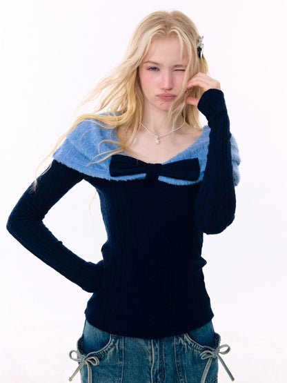 Twist Texture Bow Long Sleeve T-Shirt Slim Top Knitted Sweater【s0000015271】