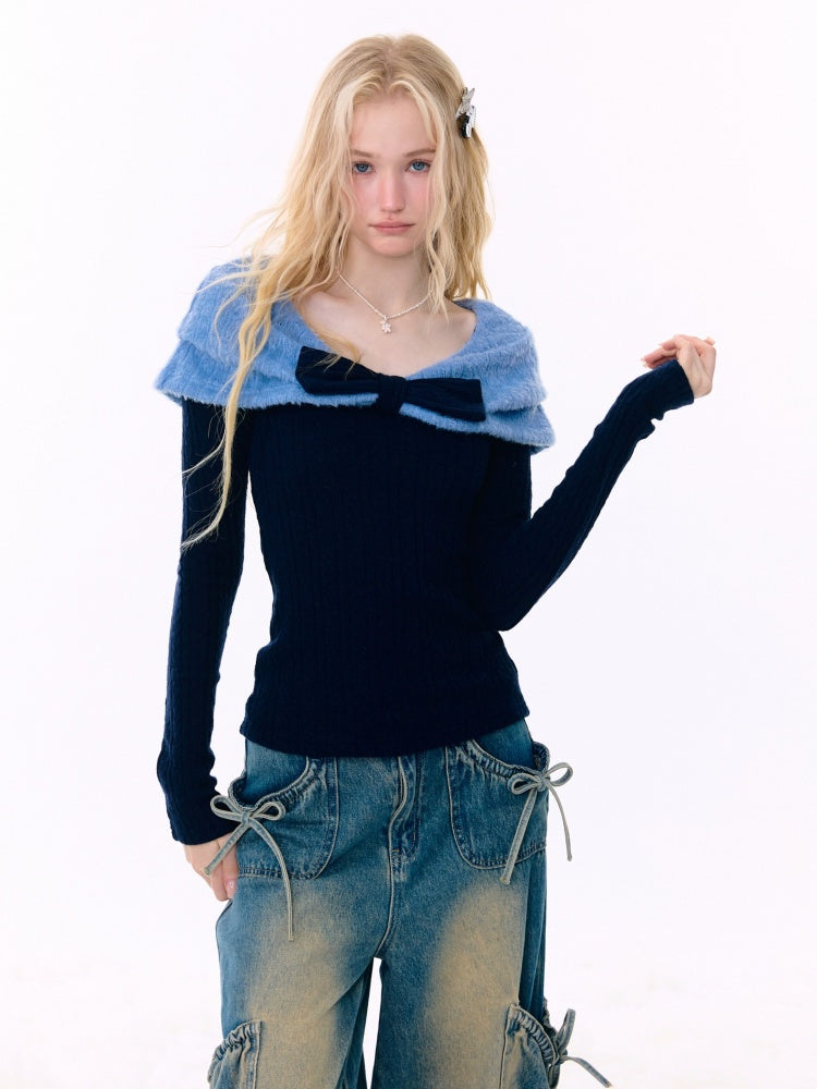 Twist Texture Bow Long Sleeve T-Shirt Slim Top Knitted Sweater【s0000015271】