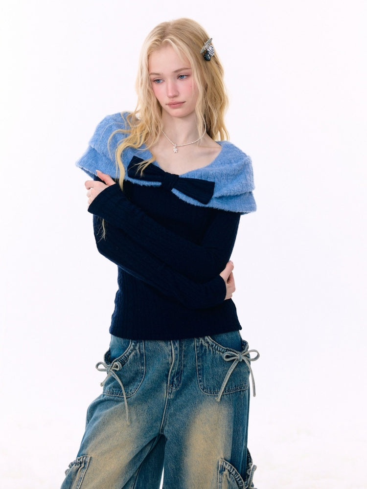 Twist Texture Bow Long Sleeve T-Shirt Slim Top Knitted Sweater【s0000015271】