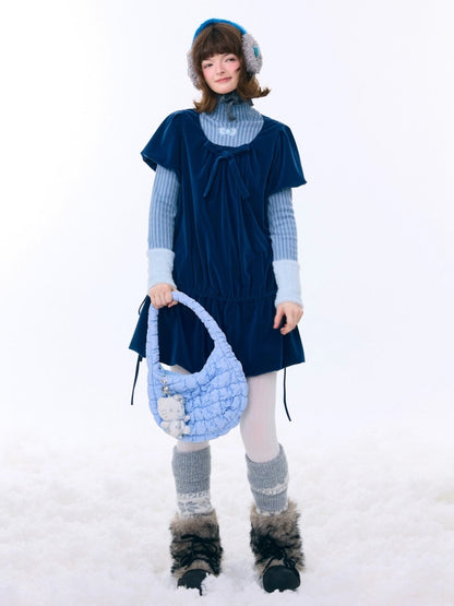 Bow Short Sleeve Pocket Hem Velvet Layered Dress【s0000015272】