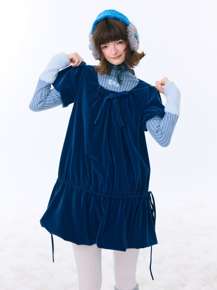 Bow Short Sleeve Pocket Hem Velvet Layered Dress【s0000015272】