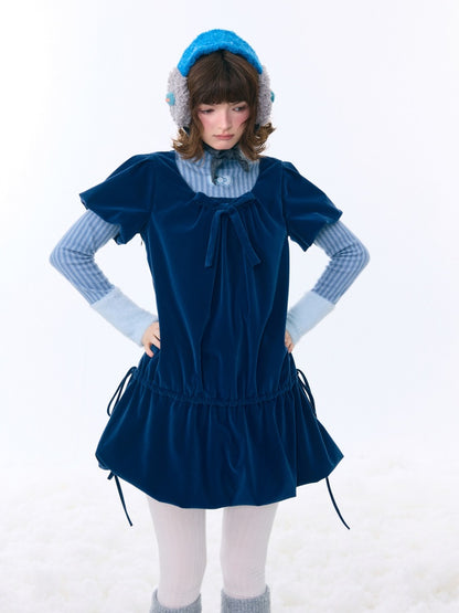 Bow Short Sleeve Pocket Hem Velvet Layered Dress【s0000015272】