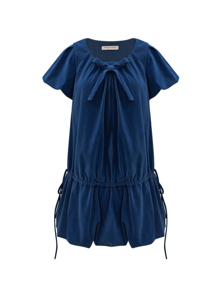 Bow Short Sleeve Pocket Hem Velvet Layered Dress【s0000015272】