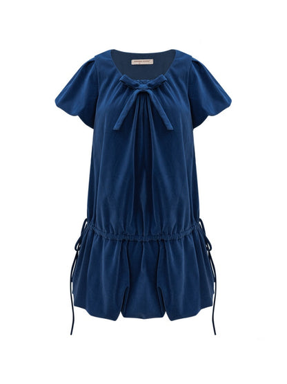 Bow Short Sleeve Pocket Hem Velvet Layered Dress【s0000015272】