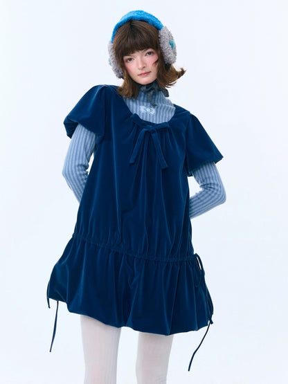 Bow Short Sleeve Pocket Hem Velvet Layered Dress【s0000015272】