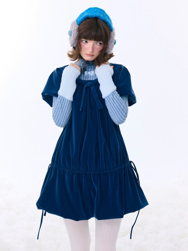 Bow Short Sleeve Pocket Hem Velvet Layered Dress【s0000015272】