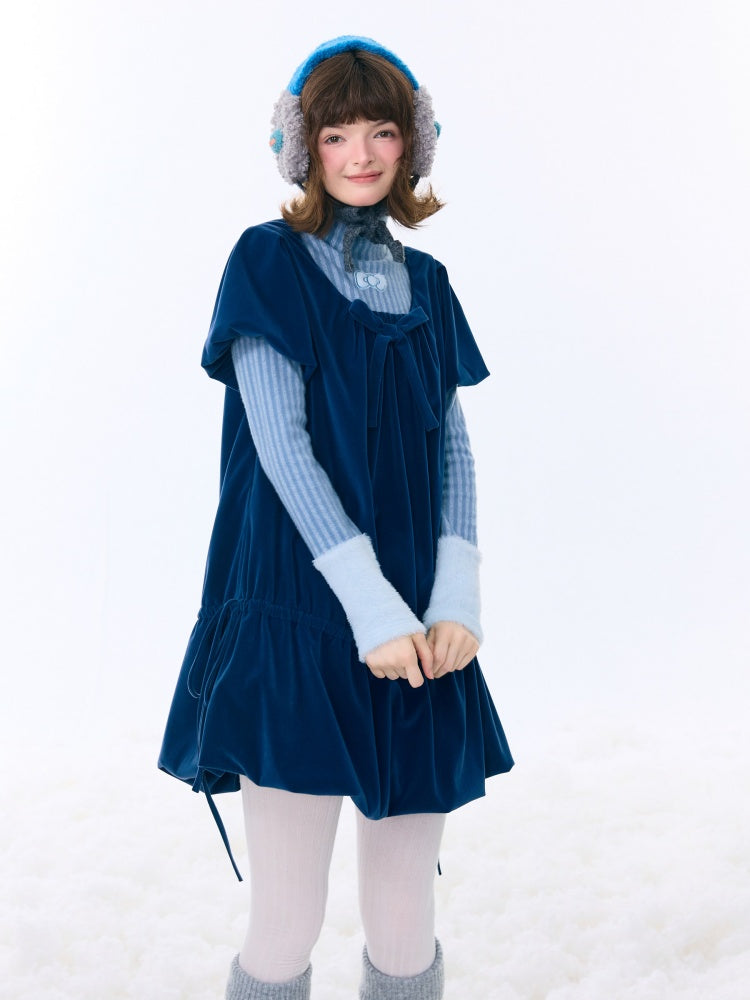 Bow Short Sleeve Pocket Hem Velvet Layered Dress【s0000015272】