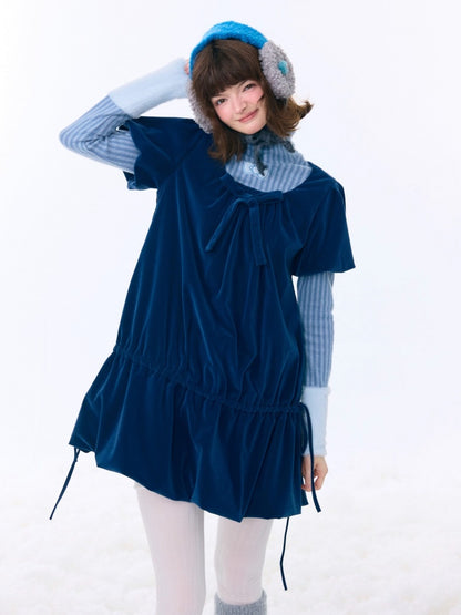 Bow Short Sleeve Pocket Hem Velvet Layered Dress【s0000015272】