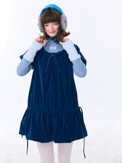 Bow Short Sleeve Pocket Hem Velvet Layered Dress【s0000015272】