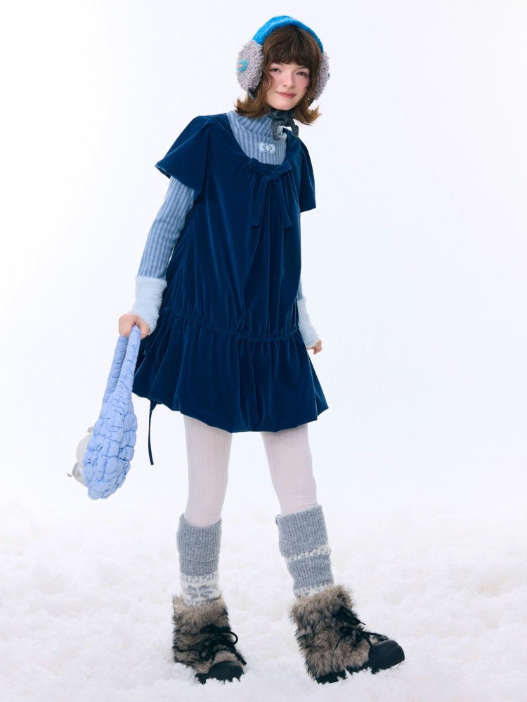 Bow Short Sleeve Pocket Hem Velvet Layered Dress【s0000015272】