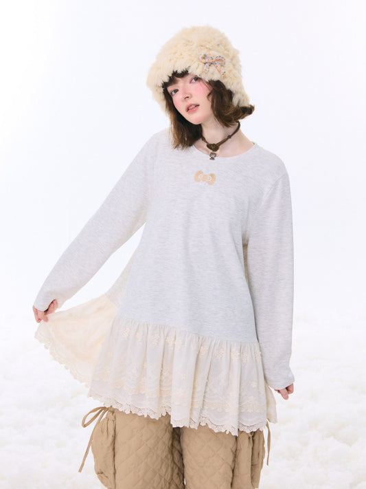 Lace Hem Knitted Base Layer Long Sleeve T-Shirt【s0000015274】