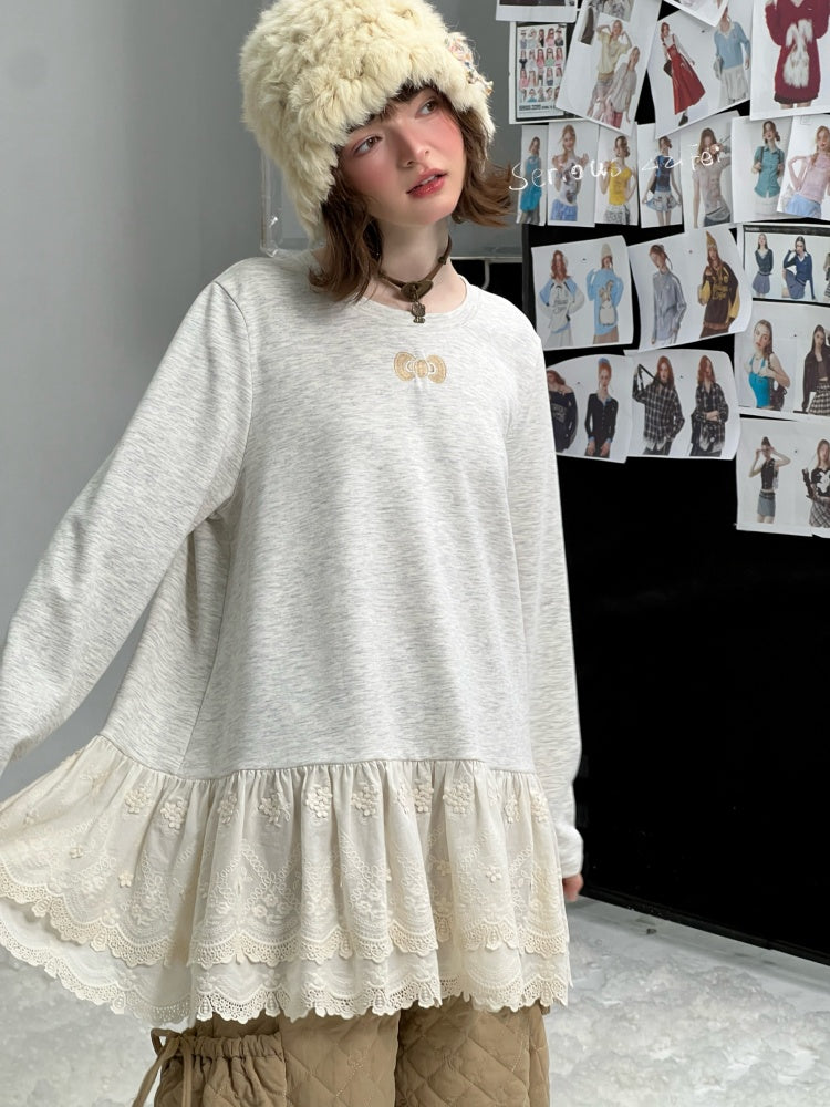 Lace Hem Knitted Base Layer Long Sleeve T-Shirt【s0000015274】