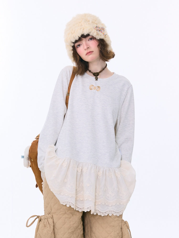 Lace Hem Knitted Base Layer Long Sleeve T-Shirt【s0000015274】