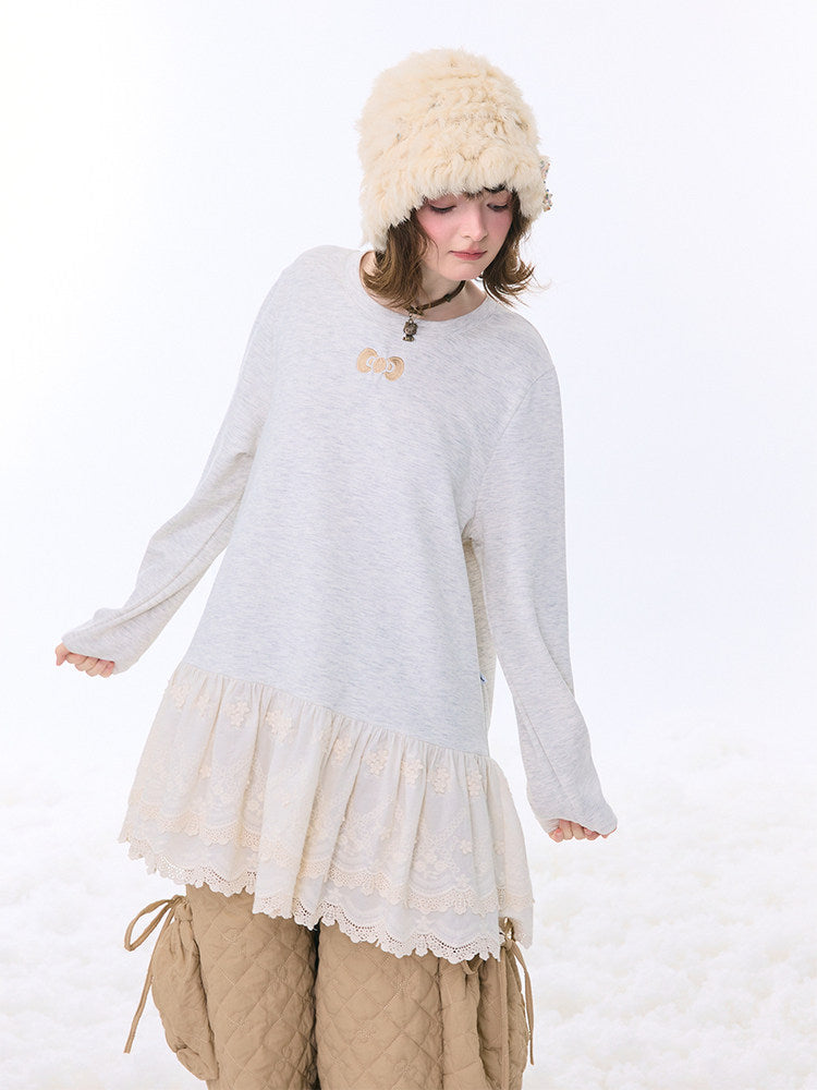 Lace Hem Knitted Base Layer Long Sleeve T-Shirt【s0000015274】