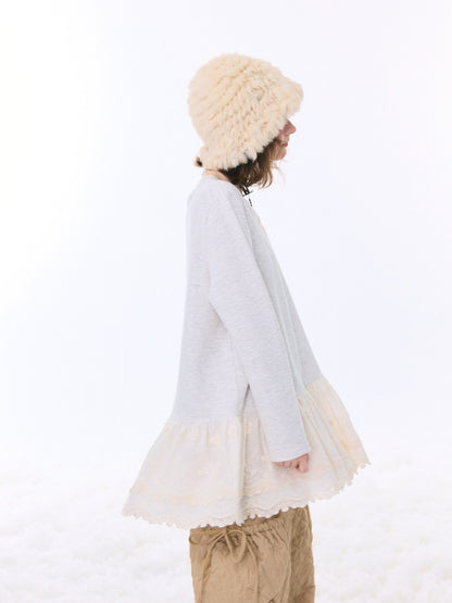 Lace Hem Knitted Base Layer Long Sleeve T-Shirt【s0000015274】