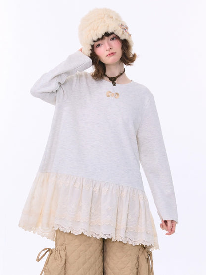 Lace Hem Knitted Base Layer Long Sleeve T-Shirt【s0000015274】