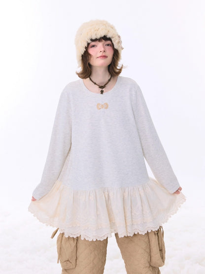 Lace Hem Knitted Base Layer Long Sleeve T-Shirt【s0000015274】