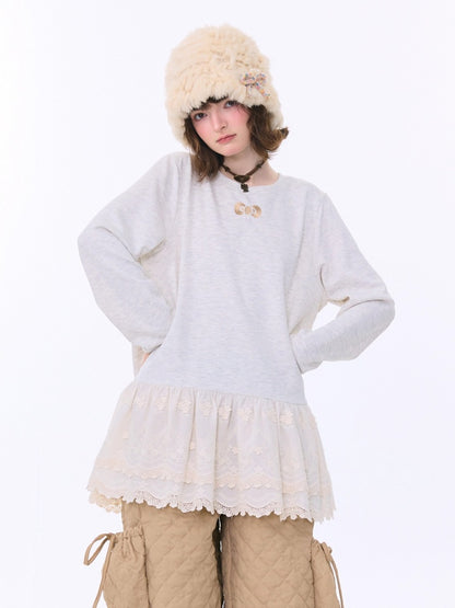 Lace Hem Knitted Base Layer Long Sleeve T-Shirt【s0000015274】