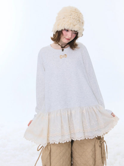 Lace Hem Knitted Base Layer Long Sleeve T-Shirt【s0000015274】