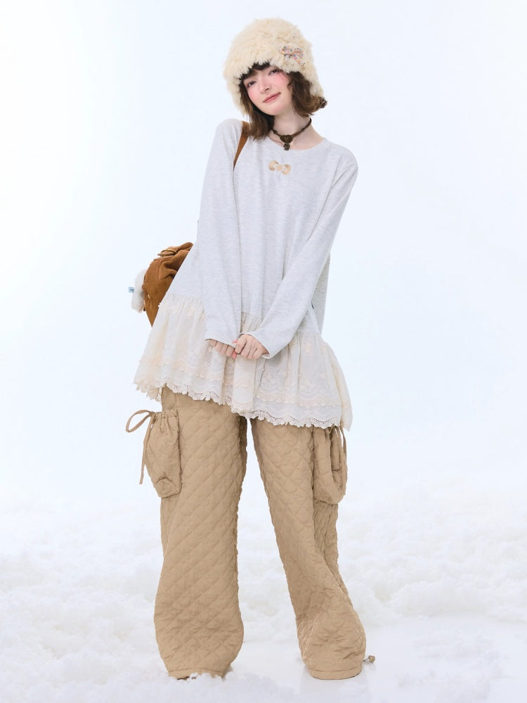 Lace Hem Knitted Base Layer Long Sleeve T-Shirt【s0000015274】