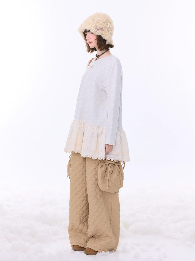 Lace Hem Knitted Base Layer Long Sleeve T-Shirt【s0000015274】