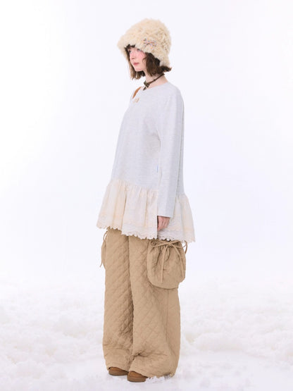 Lace Hem Knitted Base Layer Long Sleeve T-Shirt【s0000015274】