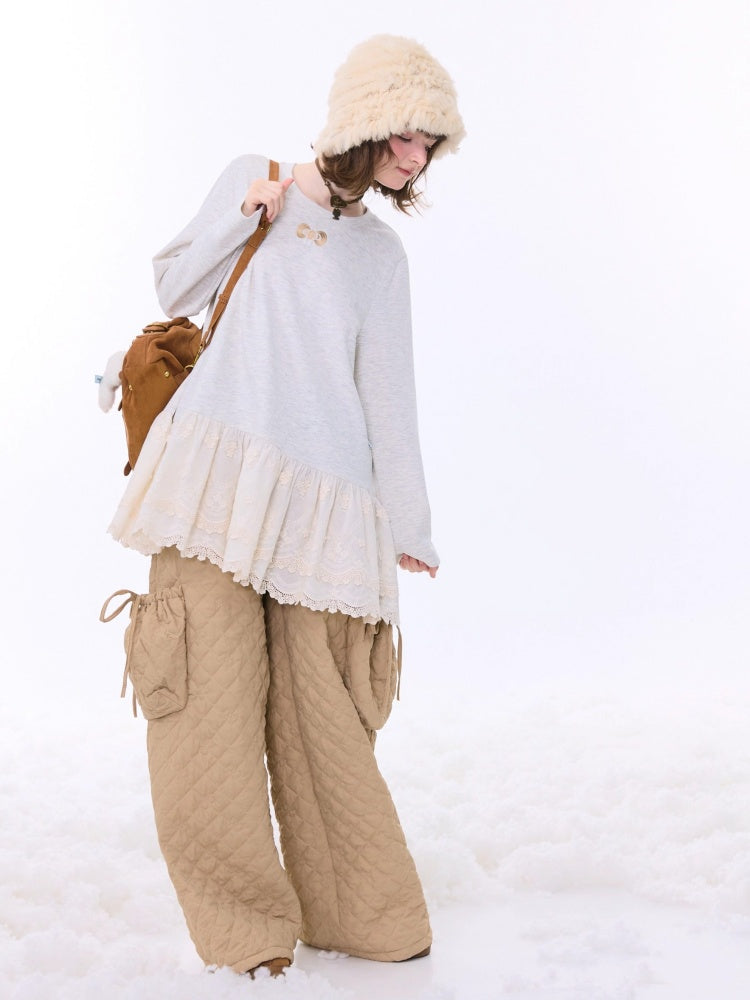 Lace Hem Knitted Base Layer Long Sleeve T-Shirt【s0000015274】