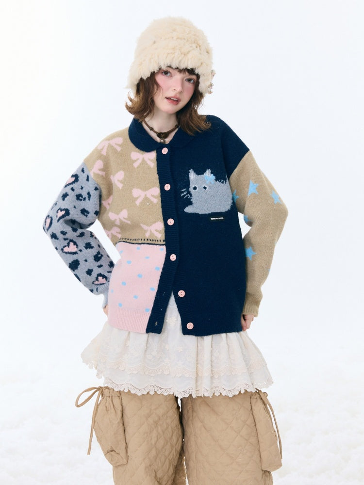 Print Contrast Splicing Soft Glutinous Lazy Sweater Cardigan Jacket【s0000015275】
