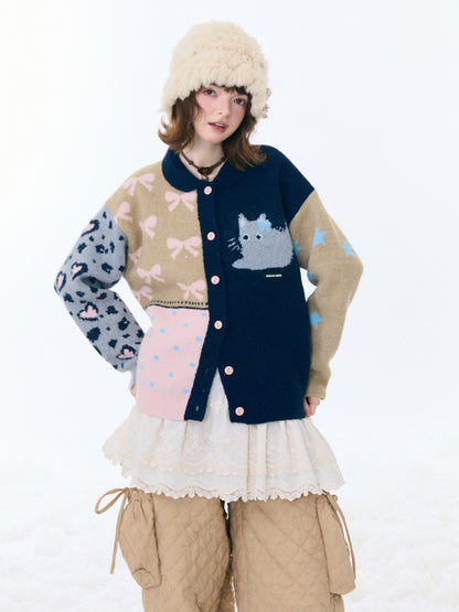Print Contrast Splicing Soft Glutinous Lazy Sweater Cardigan Jacket【s0000015275】