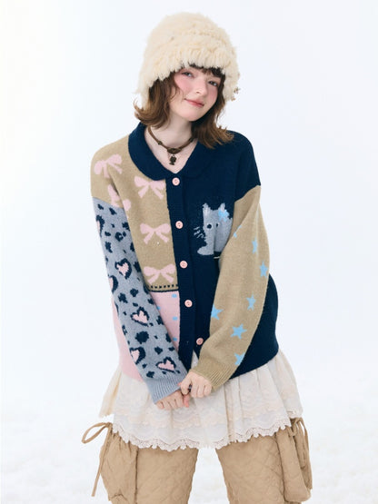 Print Contrast Splicing Soft Glutinous Lazy Sweater Cardigan Jacket【s0000015275】