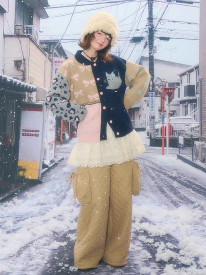 Print Contrast Splicing Soft Glutinous Lazy Sweater Cardigan Jacket【s0000015275】