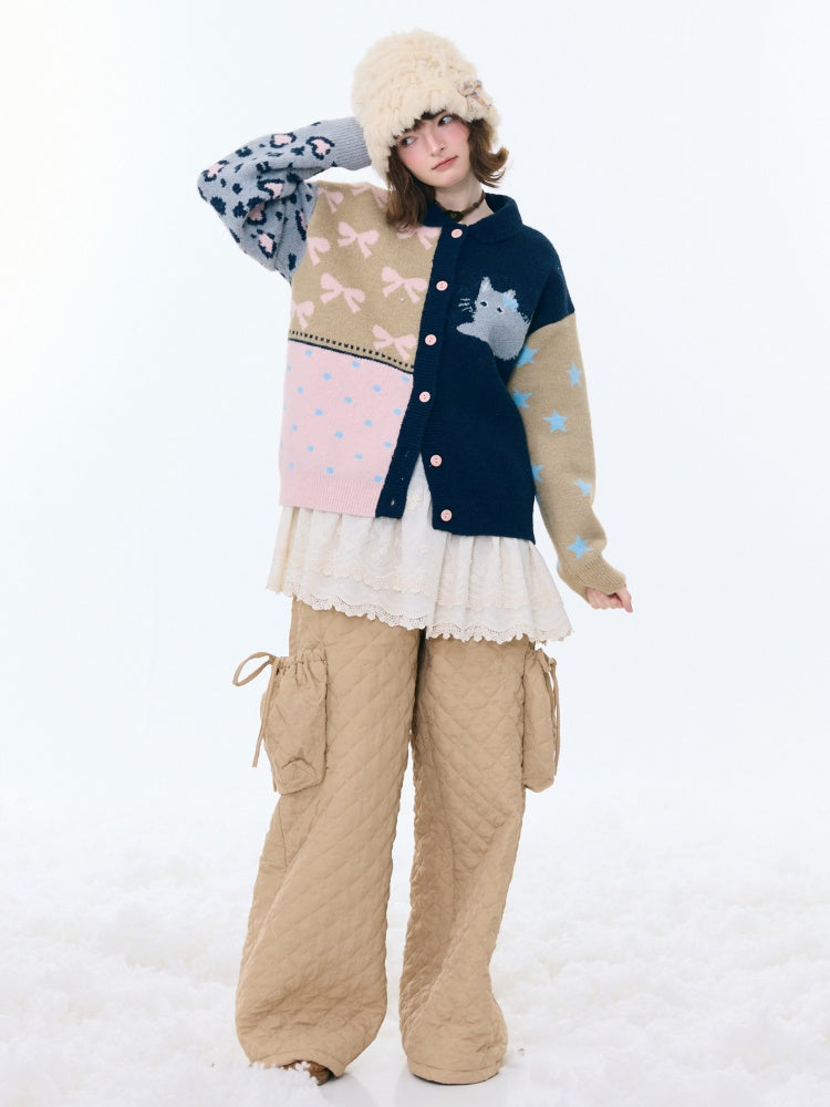 Print Contrast Splicing Soft Glutinous Lazy Sweater Cardigan Jacket【s0000015275】
