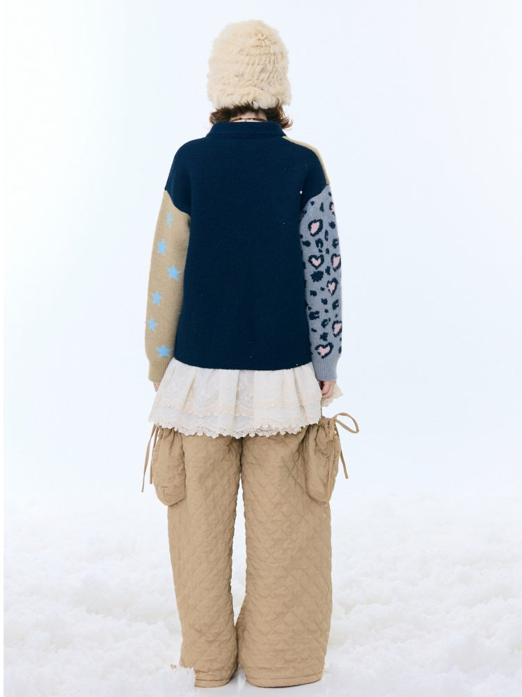 Print Contrast Splicing Soft Glutinous Lazy Sweater Cardigan Jacket【s0000015275】