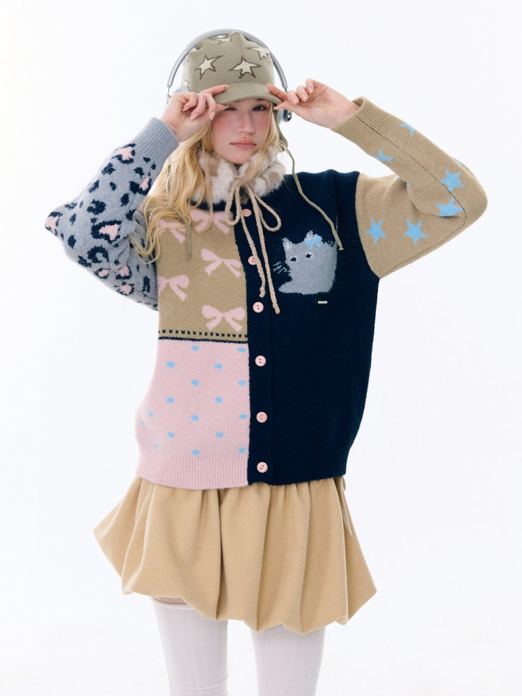 Print Contrast Splicing Soft Glutinous Lazy Sweater Cardigan Jacket【s0000015275】