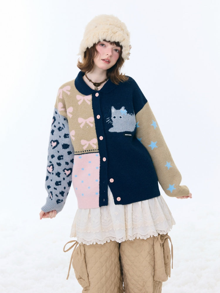 Print Contrast Splicing Soft Glutinous Lazy Sweater Cardigan Jacket【s0000015275】