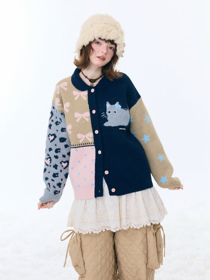 Print Contrast Splicing Soft Glutinous Lazy Sweater Cardigan Jacket【s0000015275】
