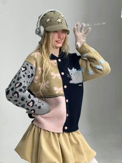 Print Contrast Splicing Soft Glutinous Lazy Sweater Cardigan Jacket【s0000015275】