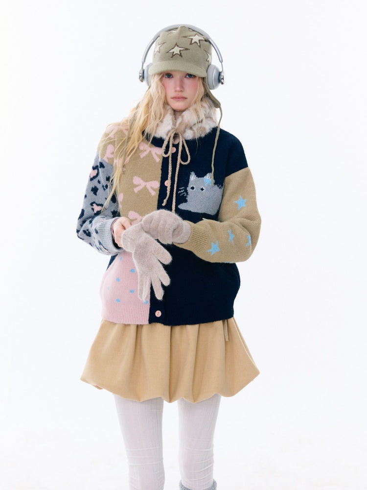 Print Contrast Splicing Soft Glutinous Lazy Sweater Cardigan Jacket【s0000015275】