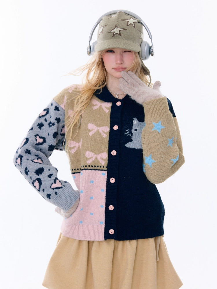 Print Contrast Splicing Soft Glutinous Lazy Sweater Cardigan Jacket【s0000015275】