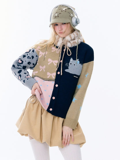 Print Contrast Splicing Soft Glutinous Lazy Sweater Cardigan Jacket【s0000015275】
