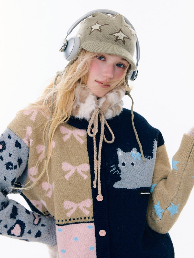 Print Contrast Splicing Soft Glutinous Lazy Sweater Cardigan Jacket【s0000015275】