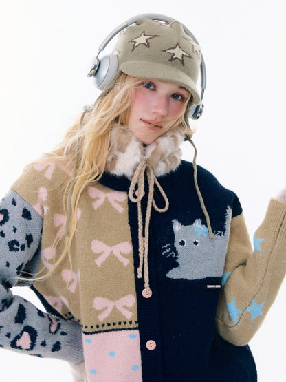 Print Contrast Splicing Soft Glutinous Lazy Sweater Cardigan Jacket【s0000015275】