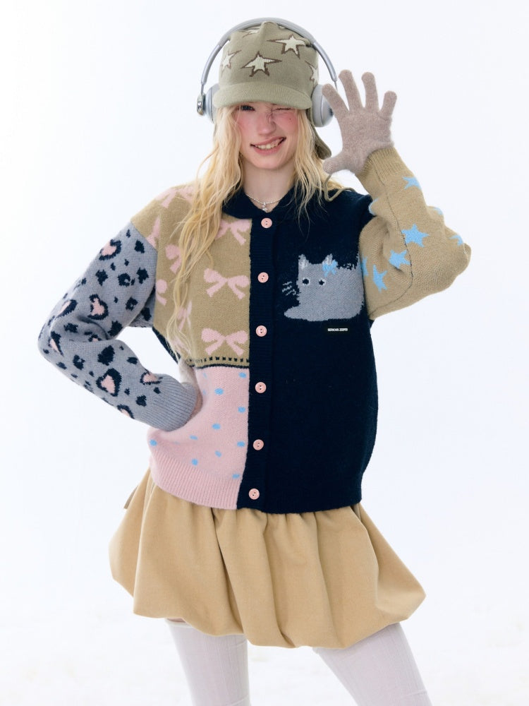 Print Contrast Splicing Soft Glutinous Lazy Sweater Cardigan Jacket【s0000015275】